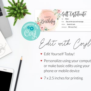 Birthday gift certificate editable template, Birthday gift coupon printable, Birthday gift card for her women mom sister, Last minute gift ideas, Original gift idea, Massage spa gift coupon, Company business gift card DIY, Photo session gift card
