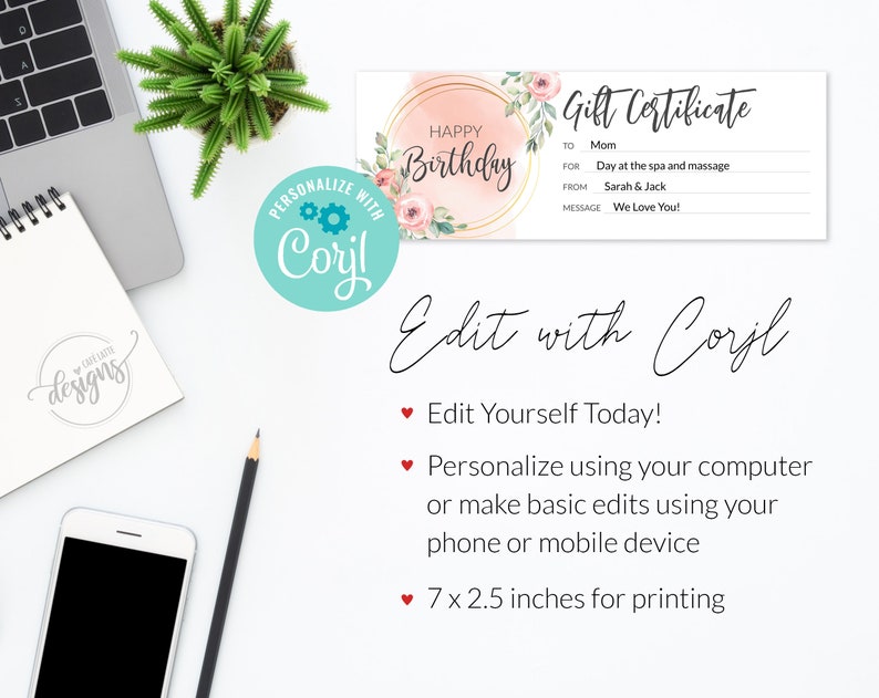 Birthday gift certificate editable template, Birthday gift coupon printable, Birthday gift card for her women mom sister, Last minute gift ideas, Original gift idea, Massage spa gift coupon, Company business gift card DIY, Photo session gift card