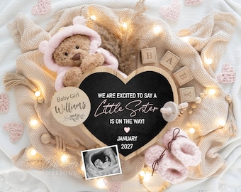 Little Sister Girl Gender Reveal Pregnancy Announcement Digital, Its a Girl Editable Template, Girl Reveal for Husband, Boho Teddy Bear Baby