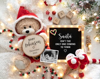 Digital Christmas Pregnancy Announcement For Social Media, Bear Santa Isnt The Only One Coming To Town, December Letter Board Baby Reveal