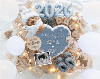 May include: An announcement with a teddy bear wearing a hat and scarf, surrounded by balloons and baby-themed items. Includes the text "We're Expecting" and "Baby Boy Williams", with a due date of July 2026. Features a sonogram image and baby booties.