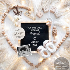 Pregnancy Announcement Digital For Social Media, For This Child We Have Prayed Gender Neutral Baby, Editable DIY Template, Heart Wood Beads