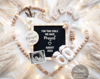 Digital Pregnancy Announcement For Social Media, For This Child We Have Prayed Gender Neutral Baby, Editable DIY Template, Heart Wood Beads