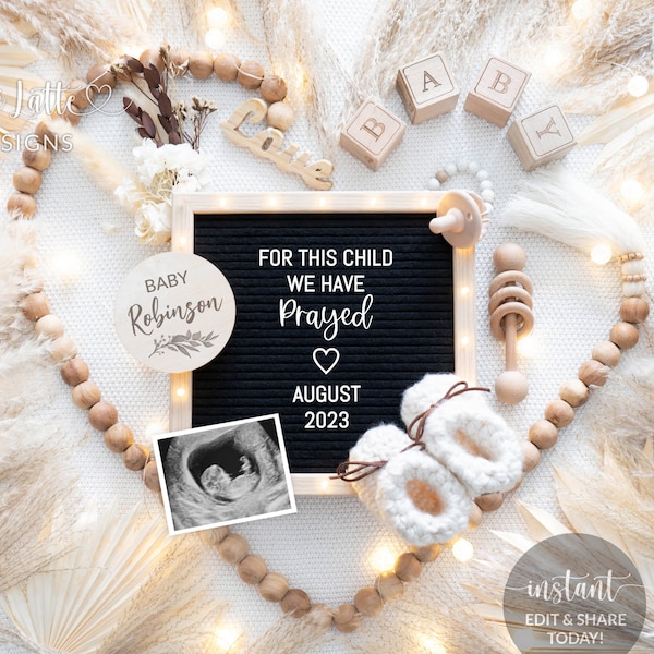 Digital Pregnancy Announcement For Social Media, For This Child We Have Prayed Gender Neutral Baby, Editable DIY Template, Heart Wood Beads
