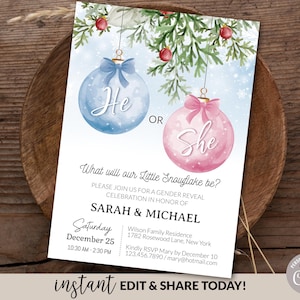 Christmas Gender Reveal Invitation Editable Template Printable, He or ...