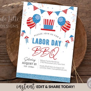Labor Day BBQ invitation editable template, Printable summer BBQ invitation, Personalized custom invite for Labor Day, Red white and blue invitation card, Party in the USA Digital invitation email text message, Labor Day Pool Party, DIY