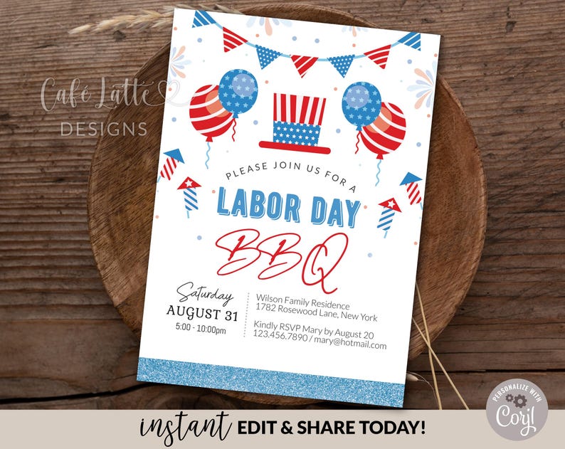 Labor Day BBQ invitation editable template, Printable summer BBQ invitation, Personalized custom invite for Labor Day, Red white and blue invitation card, Party in the USA Digital invitation email text message, Labor Day Pool Party, DIY