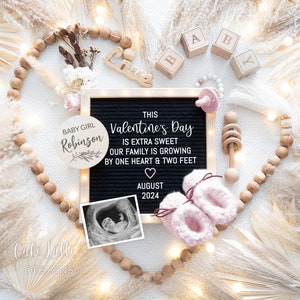 Valentines Digital Boho Girl Gender Reveal, Valentines Baby Girl Anuncio de embarazo en las redes sociales, Anuncio de bebé editable de Valentines