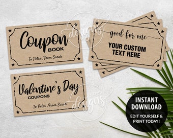 Coupon Template Valentine's Day Editable Love Coupons, for Dads Moms Kids Teens Custom Personalized, Birthday Coupon Book Printable Kraft