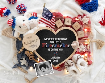 Fourth of July Digital Pregnancy Announcement, Neutral Baby Announcement, 4th of July Baby, Our Little Firecracker is on the way