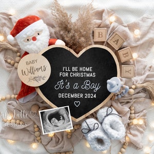 Christmas Boy Gender Reveal Baby Announcement Social Media, Digital Boho Boy Christmas Pregnancy Announcement Santa Claus, Editable DIY