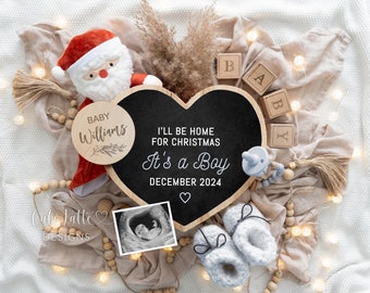 Christmas Boy Gender Reveal Baby Announcement Social Media, Digital Boho Boy Christmas Pregnancy Announcement Santa Claus, Editable DIY