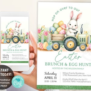 Modèle modifiable d'invitation chasse aux œufs pour le brunch de Pâques, invitation à la fête de Pâques, invitation électronique pour le déjeuner et le dîner sur tracteur, bricolage imprimable 5 x 7