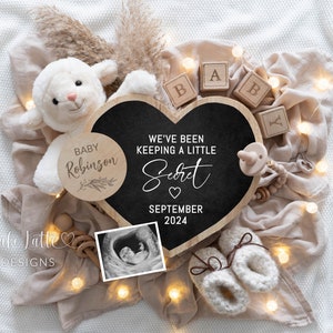 Pregnancy Announcement Digital Boho Gender Neutral Letter Board, Baby Announcement Digital Template Keeping A Little Secret, Little Lamb with Heart Chalkboard