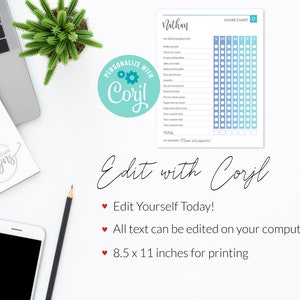 Puede incluir: Un cuadro de tareas imprimible para ni&ntilde;os con un esquema de color azul y blanco. El cuadro incluye una secci&oacute;n para "Mis responsabilidades" y una cuadr&iacute;cula para realizar un seguimiento de las tareas durante la semana. El texto "Edit with Corjl" est&aacute; escrito en una fuente cursiva en la parte inferior del cuadro.