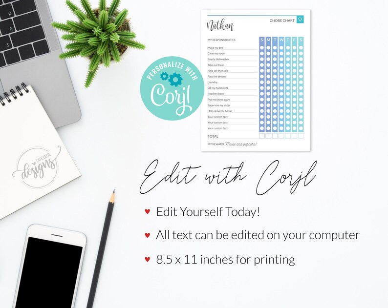 Puede incluir: Un cuadro de tareas imprimible para ni&ntilde;os con un esquema de color azul y blanco. El cuadro incluye una secci&oacute;n para "Mis responsabilidades" y una cuadr&iacute;cula para realizar un seguimiento de las tareas durante la semana. El texto "Edit with Corjl" est&aacute; escrito en una fuente cursiva en la parte inferior del cuadro.