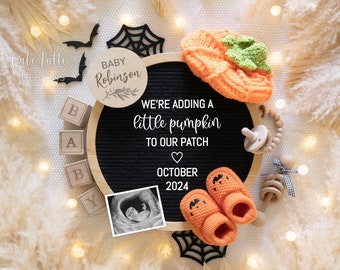 Halloween Pregnancy Announcement For Social Media, Baby Announcement Adding A Little Pumpkin To Our Patch, Digital Editable Template DIY