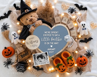Halloween Little Brother Pregnancy Announcement Digital, Bear Witch Baby Boy Gender Reveal Template, Editable DIY Social Media Reveal