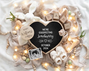 Easter Pregnancy Announcement Social Media, Eggspecting Somebunny Boho Digital Gender Neutral Baby, Editable DIY Heart Board, Bunny Blanket
