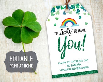 St. Patricks Day Lucky to Have You Printable Gift Tags, Editable Personalized Favor Tags Template with Rainbow Shamrocks, Instant Download