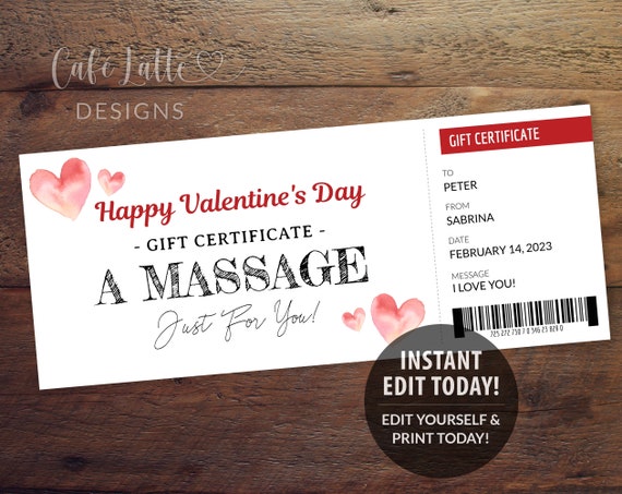 VALENTINES Massage Gift Certificate Printable Editable Template ...
