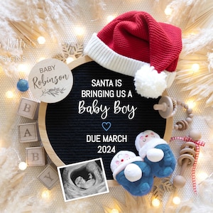Christmas Boy Gender Reveal For Social Media, Christmas Santa Is Bringing Us A Baby Boy Pregnancy Baby Announcement, Editable Template DIY