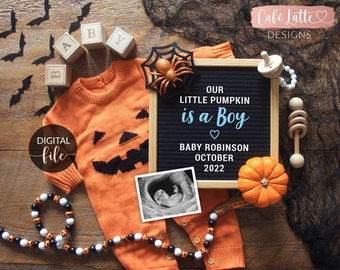 Digital Boy Gender Reveal for Social Media, Halloween October Pregnancy Announcement, Our Little Pumpkin is a Boy Letter Board, Instagram