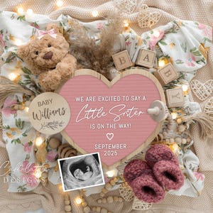 Little Sister Pregnancy Announcement Digital, Girl Baby Announcement Editable Template, Instant Download Girl Gender Reveal, Spring Bear