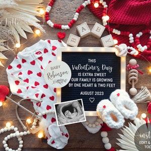 Digital Valentines Day Pregnancy Announcement Social Media, Boho Baby Editable Template Letter Board, Family Growing One Heart Two Feet, DIY
