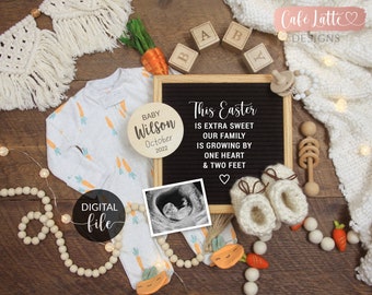 Digital Easter Pregnancy Announcement For Social Media, Growing By One Heart & Two Feet Easter Baby Announcement, Rustic Boho, Instagram