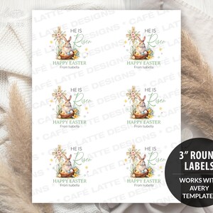 easter stickers printable, easter stickers template, easter cricut stickers, he is risen stickers, avery easter stickers religious cross and bunny rabbit, easter round label template, easter 3 inch round labels editable template, instant download DIY, Easter candy treat bag gift tags for church