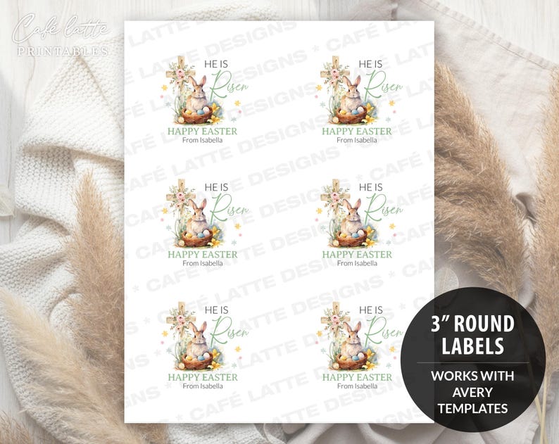 easter stickers printable, easter stickers template, easter cricut stickers, he is risen stickers, avery easter stickers religious cross and bunny rabbit, easter round label template, easter 3 inch round labels editable template, instant download DIY, Easter candy treat bag gift tags for church