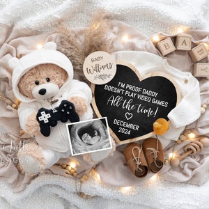 Annuncio di gravidanza del videogioco per i social media, videogioco papà digitale Boho Gender Neutral Baby, modello modificabile orsacchiotto fai da te