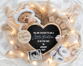 Boho Little Brother Pregnancy Announcement Digital / Baby Boy Announcement / Social Media Facebook Instagram / Editable Template Bear Heart
