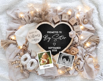 Big Sister Pregnancy Announcement Digital, Pregnancy Announcement Template, Baby Announcement Boho Editable Template, Bear Promoted Sibling