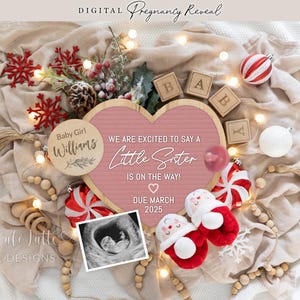 Anuncio de género de niña en Navidad, anuncio digital de embarazo de hermana pequeña, anuncio de niña en redes sociales, plantilla editable de Papá Noel