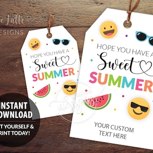 Etiquetas de regalo imprimibles editables de verano dulce, Plantilla de etiquetas de recuerdo personalizadas de fin de curso, Caras sonrientes, Etiquetas de descarga instantánea Niños Amigos