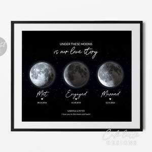 May include: A framed print with a black border displays three moon phases on a starry black backdrop. The text reads "Under These Moons is our love story," with dates marking milestones: Met, Engaged, and Married. The names Sabrina & Peter are also included.