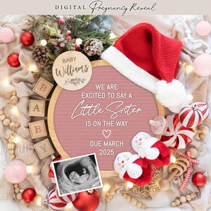 Weihnachten Kleine Schwester Mädchen Geschlecht offenbaren, Baby Girl Schwangerschaft Ankündigung digital für soziale Medien, Weihnachtsmütze bearbeitbare Vorlage