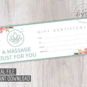 Massage Gift Certificate, Birthday Gift Certificate Printable, Gift Coupon, Anniversary Gift Instant Download, Gift Card Idea for Mom Dad image 1