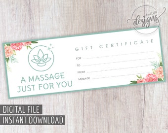 Massage Gift Certificate, Birthday Gift Certificate Printable, Gift Coupon, Anniversary Gift Instant Download, Gift Card Idea for Mom Dad