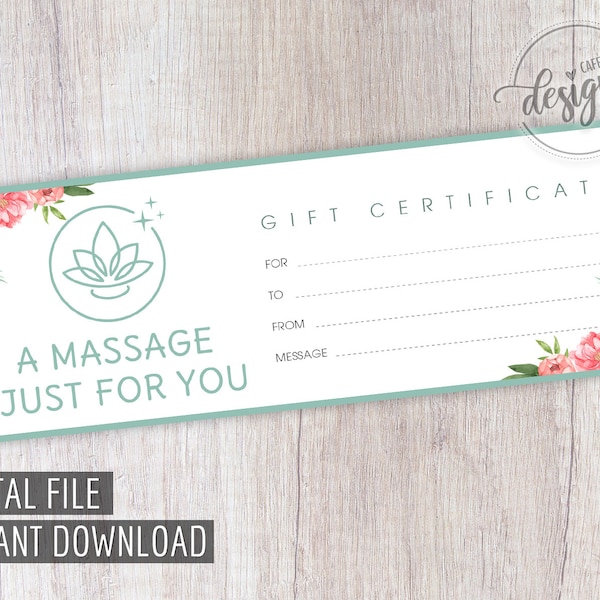 Massage Gift Certificate, Birthday Gift Certificate Printable, Gift Coupon, Anniversary Gift Instant Download, Gift Card Idea for Mom Dad