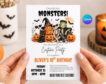 Halloween Birthday Invitation, Kids Teen Halloween Costume Party Invite, Watercolor Monster Birthday Invitation, Editable Canva Template