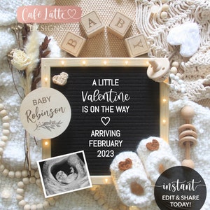 Anuncio de embarazo del Día de San Valentín Boho editable en las redes sociales, Little Valentine está en camino Plantilla digital del tablero de cartas, Corjl DIY