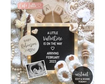 Editable Boho Valentines Day Pregnancy Announcement Social Media, Little Valentine Is On The Way Letter Board Digital Template, Corjl DIY