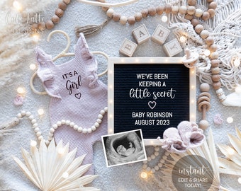 Digital Girl Boho Gender Reveal Social Media, Its A Girl Pregnancy Announcement Baby Editable Letter Board Wood Beads, Keeping a Secret, DIY