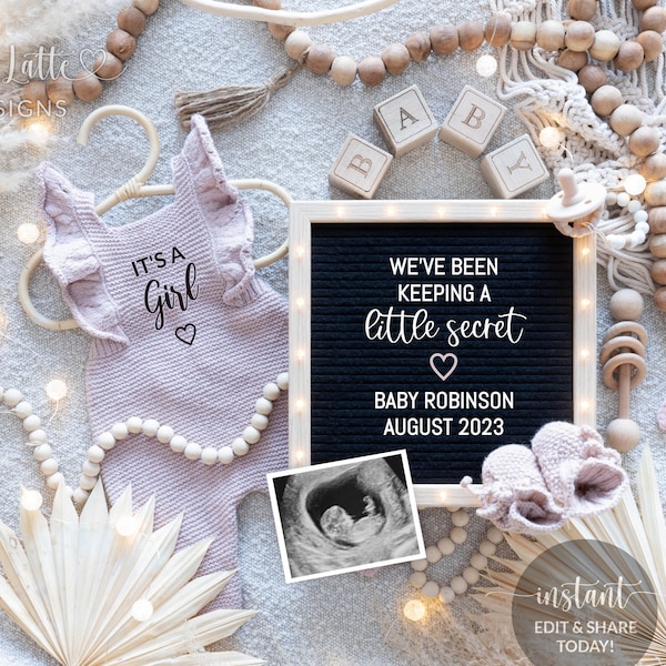 Digital Girl Boho Gender Reveal Social Media, Its A Girl Pregnancy Announcement Baby Editable Letter Board Wood Beads, Keeping a Secret, DIY