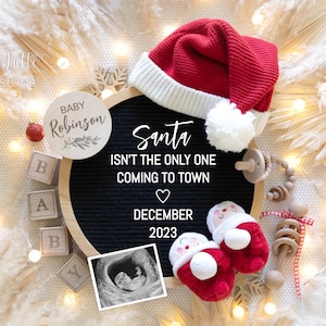 Christmas pregnancy announcement digital reveal for social media, Christmas baby announcement digital image with Santa hat and Santa baby booties, Santa isnt the only one coming to town, gender neutral boho pampas circle letter board