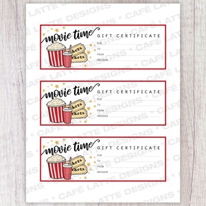 Movie Gift Certificate, Birthday Gift Certificate Printable, Movie Gift ...