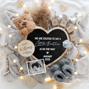 Annuncio di gravidanza digitale per rivelare il sesso del bambino, modello modificabile per fratellino, rivelazione del sesso del bambino per il marito, rivelazione del bambino Boho Bear